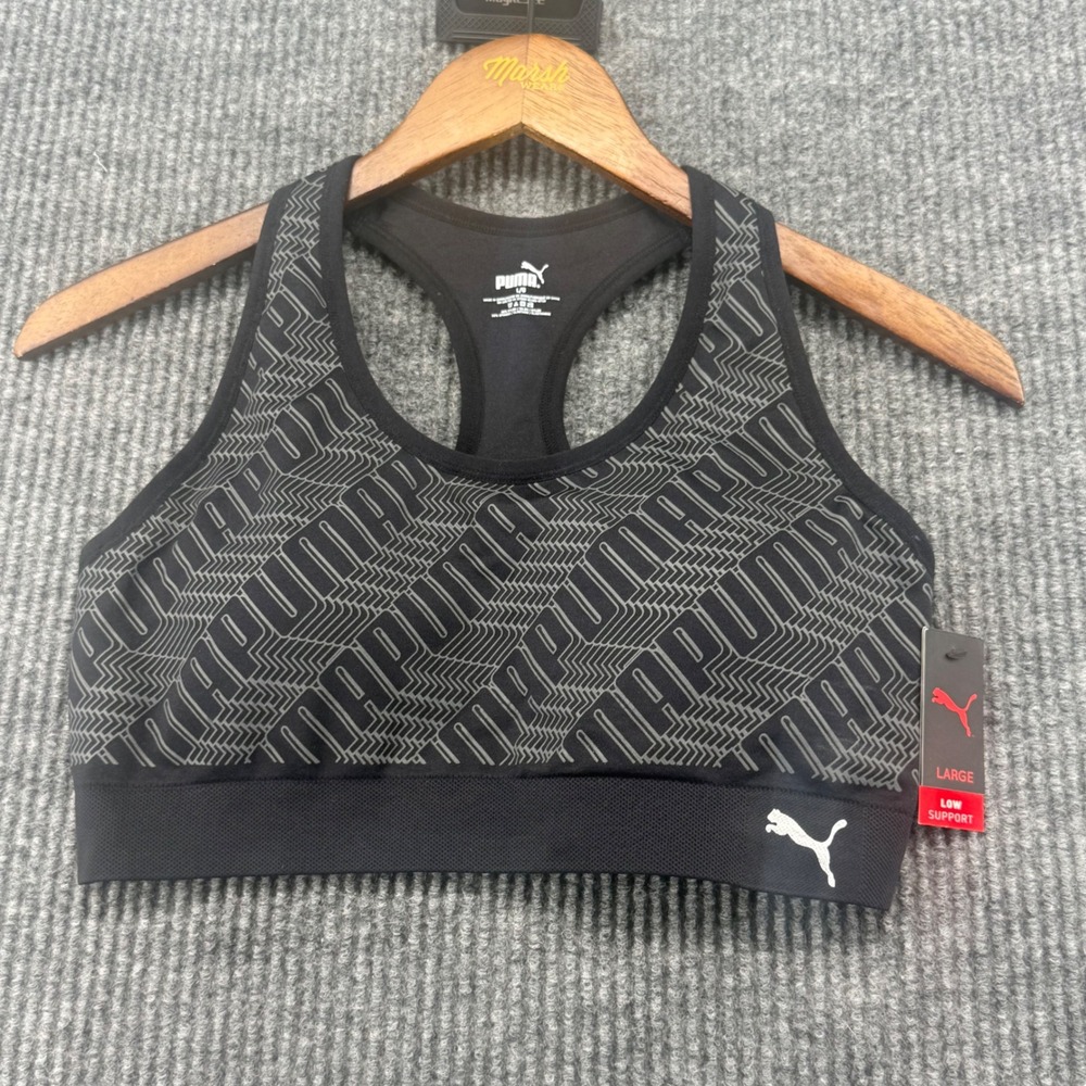 Puma Sports Bra Women Size L Black New Low Support Racerback Logo Print